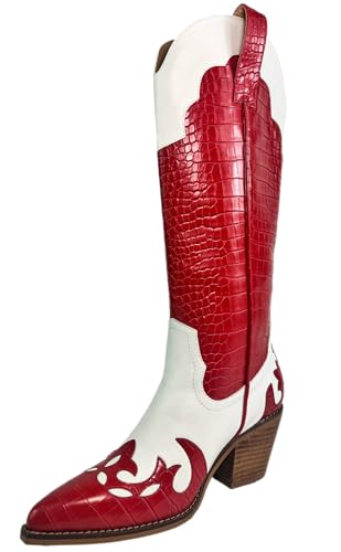 ARIDER GIRL Pamela Women's Knee-High Croco Printed Stacked Heel Snip Pointed Toe Western Boots