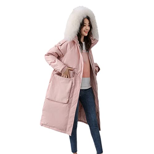 Veste d'hiver longue rose parka ample et chaude capuche fourrure duvet L
