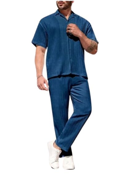 Men’s Textured Blue Casual Co-Ord Set – Half Sleeve Relaxed Fit Shirt with Matching Trousers | Breathable Fabric | Summer Outfit for Travel, Lounge Everyday Wear-image-1