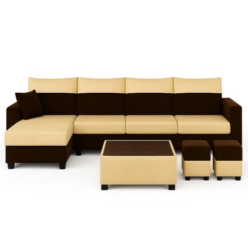 Image of FURNY Arissa 8 Seater Fabric LHS L Shape Sofa Set with 1 Centre Table & 2 Puffy (Cream-Dark Brown) Premium Velvet Finish | Durable Comfort | Ideal for Living Room