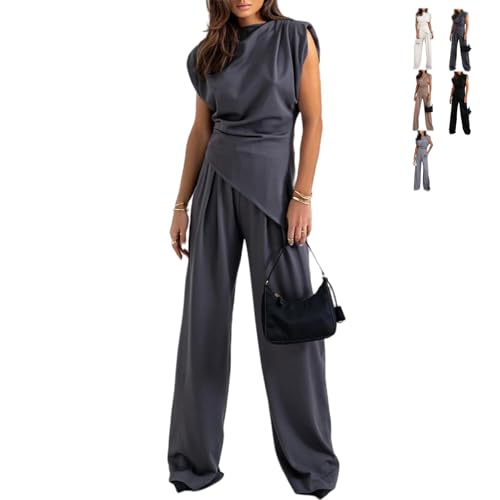 Women's Round Neck Pleated Sleeveless Casual Suit, Solid Color Irregular Vest Wide Leg Pantsuit, 2025 Womens 2 Piece Outfits