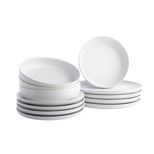 Image of Porto by Stone Lain Macchio 12-Piece Premium Kitchen & Dining Dinnerware Set Stoneware, White Matte, Crafted in Portugal, Dishwasher and Microwave Safe Scratch-Resistant Dish Set for 4