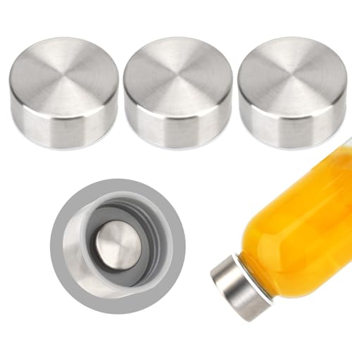 Zukro Replacement Metal Lids for Luxfuel/Brieftons/Sursip 10oz/16oz/18oz/24oz Glass Water Bottles, Stainless Steel Cap Fits For Bottles With Mouth Opening 1.49 Inch, Leak-Proof, Set of 3, Silver