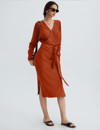 CHERFLY Women's V Neck Sweater Dresses Batwing Long Sleeve Backless Bodycon Long Dress with Belt4