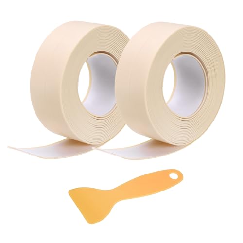 Image of uxcell 2 Rolls Caulk Tape, Caulking Strip Tape, 0.9 inch x 10.5Ft PVC Waterproof Self-Adhesive Sealing Tape for Kitchen Bathroom Toilet Sink Floor Corner Edge with Sealing Tool, Khaki
