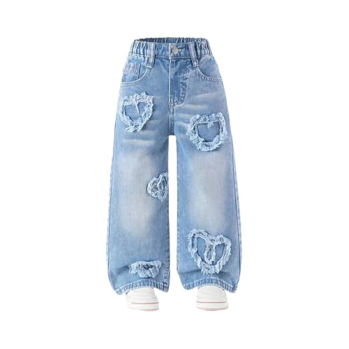 Nivne Tco Toddler Girls Jeans Straight Leg with Cute Heart Patches Casual 5-Pocket Elastic Waist Blue Denim Pants (US Age 4 Years Blue)