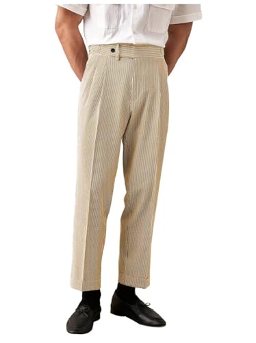 Men's Seersucker Suit Pants Classic Gurkha Dress Pant Casual Summer Beach Lightweight Trousers
