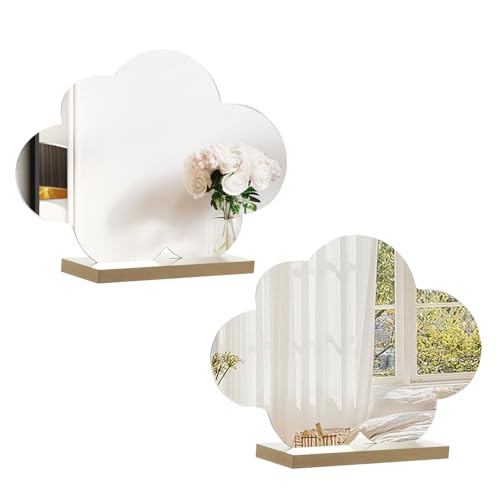 HERKINDNESS 2 Piezas Espejos, Forma Irregular Espejo Pequeño, Acrílico Sin Marco Espejo de Tocador, Espejo de Mesa con Base de Madera para Dormitorio, Hotel