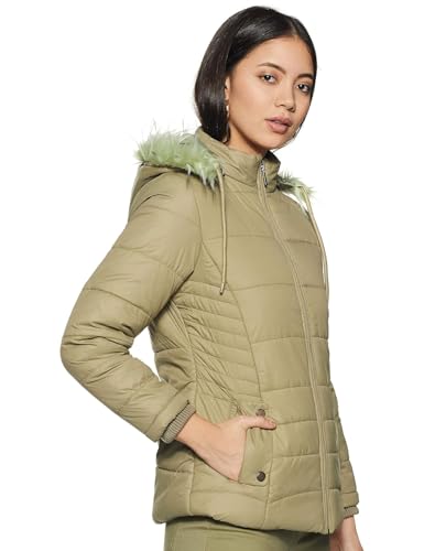 Image of Qube By Fort Collins Women's Medium-Length Bomber Jacket with Detachable Hood Stylish Winterwear for All-Day Comfort |Material: Nylon