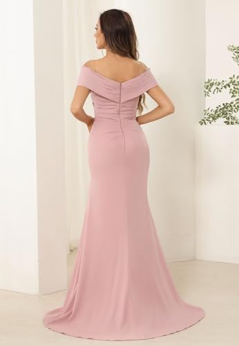 Women's Off Shoulder Long Mother of The Bride Dresses Long Satin Ruched Evening Formal Dress with Slit PU1732