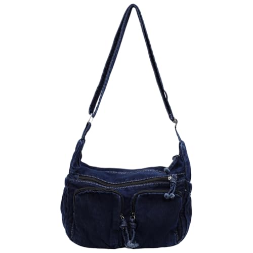 Cymwer Bolso de hombro de tela vaquera, bolso de mensajero retro informal, bolso cruzado grande, monederos de mezclilla para mujer, trabajo, compras, viajes (azul oscuro)