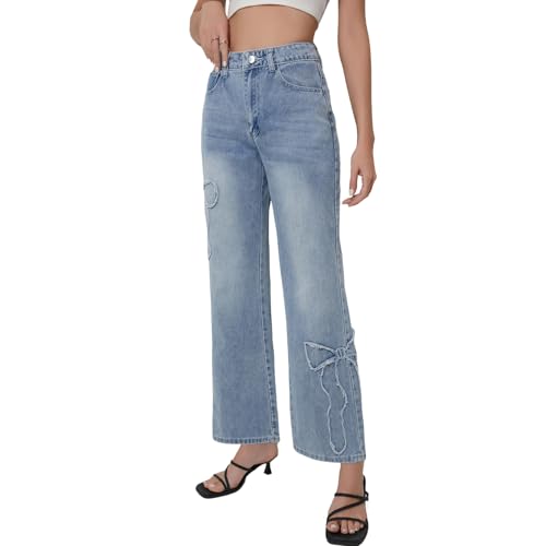 Women's High Waisted Jeans with Bowknot, Straight Leg Light Wash, Relaxed Fit Denim Pants2