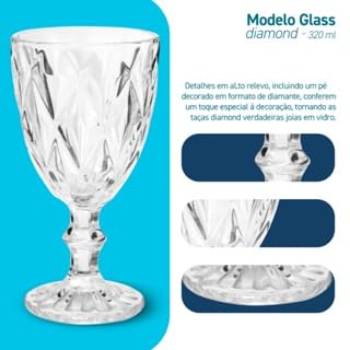 Jogo Com 6 Taças De Vidro Diamond Bico de Jaca 320ml Agua e Vinho Transparente - Dolce Home