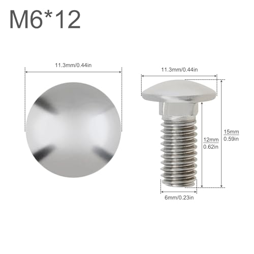 Image of 20pcs M6 Carriage Bolts Screws, 304 Stainless Steel, Round Head, Square Neck, Fully Threaded M6x12mm (M6*12)