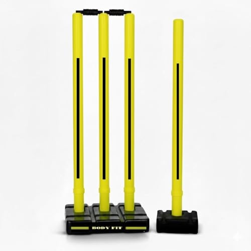 Image of Bodyfit Heavy Cricket Stumps | PVC Wickets Set with 4 Stumps + 2 Bails + 2 Stands | Full Size Wickets for Cricket Ground, Tournament Wicket. (Yellow-Black)
