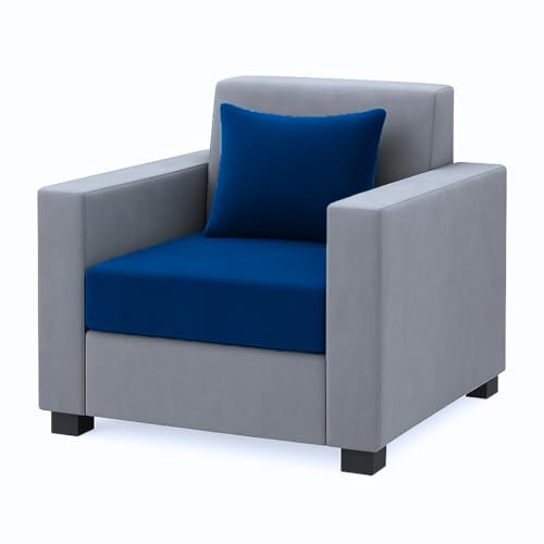 Image of FURNY Lexon 5 Seater Fabric 3+1+1 Sofa Set (Dark Blue-Light Grey) Premium Velvet Finish | Durable & Comfortable | Ideal for Living Room