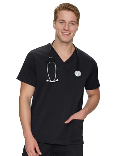 Scrub Tops for Men - Classic V-Neck Top with 4 Pockets Side Slits Black L