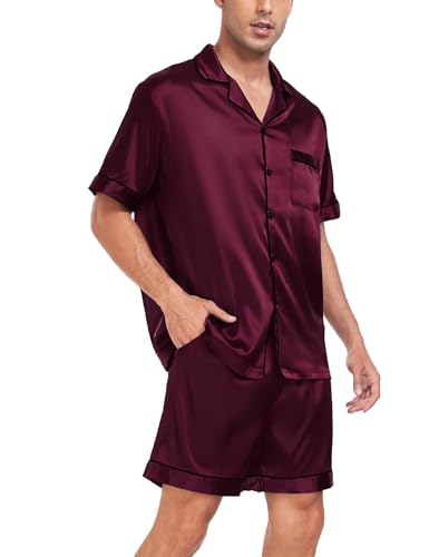 Image of SWOMOG Men Satin Silk Pajamas Sets Short Sleeve Sleepwear Button-Down PJs Sets Two-Pieces Loungewear with Pockets