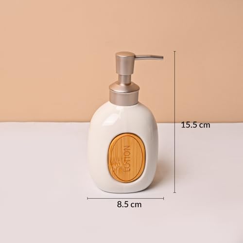 Image of Market99 Ceramic Bathroom Set Glossy White with Sophisticated Classic Text Pattern, Includes Soap Dispenser, Tumbler, Toothbrush Holder, and Soap Dish for Coordinated Bathroom Style, 400 ML Capacity