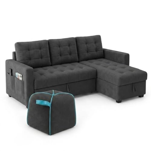 Image of CASASTYLE Sumur 5 Seater RHS L Shape Sofa with Pull Out Bed, Storage Lounger & Suri Pouf Ottoman | Soft Velvet Suede Fabric | Comfort Cushions | Ideal for Living Room, Hotel & Office (Dark Grey)