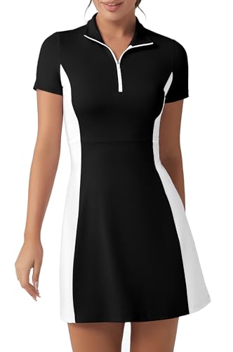 FKEEP Golf-Tenniskleid mit Shorts, Damen, Rollkragen, athletisches Workout, Golfkleid, lässig, ärmellos, Colorblock-Kleid, schwarz und weiß,...