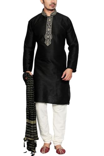 MKP9005 Black and Ivory Men's Kurta Pyjama Indian Suit Bollywood Sherwani