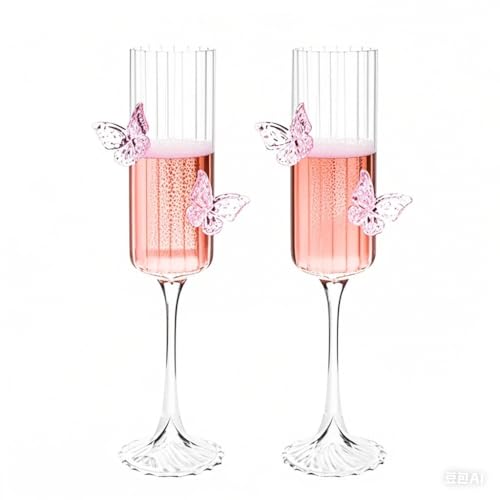 UNWAAT 2 Pack Champagne Glasses with 3D Butterflies Coquette Butterfly Wine Glasses Pink Butterfly Wine Cocktails Glassware for Home Bar Wedding Bridal Shower Bachelorette Party (Stripes glass)