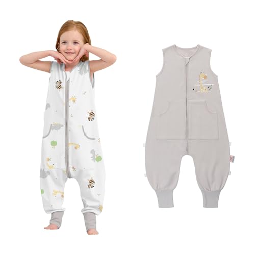 LAT Paquete de 2 Saco de Dormir para Bebé con Pies, 0,5 TOG Saco de Dormir Bebe Verano, 100% Algodón Transpirable Pijiama Manta con Pies para Bebe (Jirafa+Gris, XL)