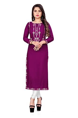 Image of Women's Rayon Embroidered Straight Kurti Under 499 Designer Attractive Look Women's Kurta