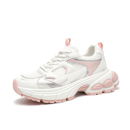 BEAU TODAY Womens Walking Shoes Fashion Platform Chunky Sneakers for Women Lace-up Casual Mesh Breathable Running Tennis Trendy Athletic Sneakers