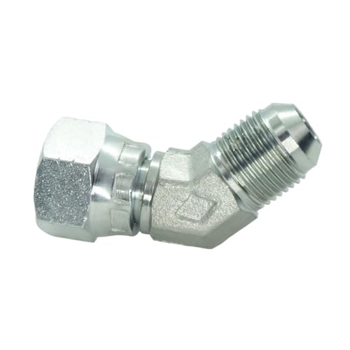 Image of 1 Piece Steel JIC Flare Tube Fitting, 45 Degree Elbow, 1 /2 inch Male JIC (3 /4 inch-16) x 1 /2 inch Female JIC (3 /4 inch-16) Swivel Tube OD