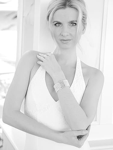 Mariell Ivory Pearl And Rose Gold Crystal Stretch Cuff Bracelet, Medium Size 6" To 7" Fits Most Wrists, Simulated Pearls,Vintage Design Bracelet For Brides, Weddings, Mother Of The Bride #TOP5