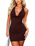 Navneet Damen Neckholder Kleid Rückenfrei Drapiert Sommer Sexy Bodycon Minikleid Dress Party Festival Outfit Braun S