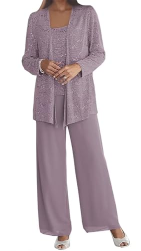 3 Pieces Mother of The Bride Pant Suits with Jacket for Wedding Lace Formal Dressy Outfits KW014 Mauve