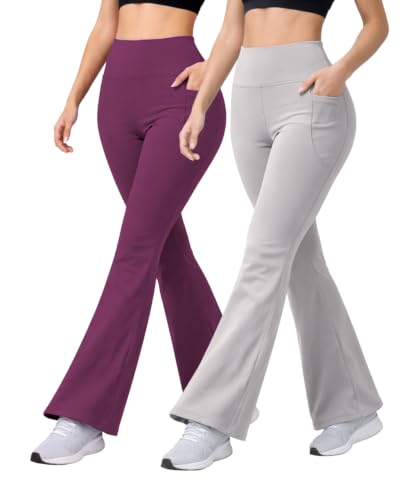Image of Women's High Waist Bootcut Yoga Pants with Side Pockets | Flared Gym Leggings for Women | Stretchable Workout Bell Bottom Tights for Yoga, Gym, Running & Casual Wear Pack of 2