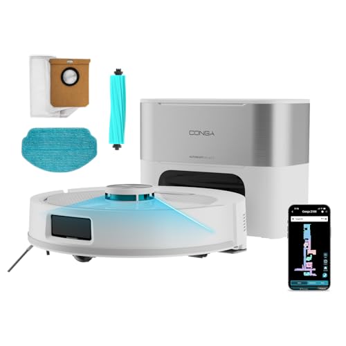 Cecotec Robot Aspirador - Base Autovaciado 3L - IA y Navegación Láser - 25000Pa - Conga Y90 Pearl. Autonomía 240mins en Modo Eco, Cepillo Silicona, Ideal Casas Mascotas, Bluetooth y WiFi, 2 Mopas