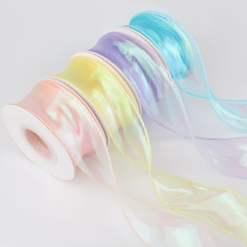 4 Rolls Laser Organza Ribbon 1.5 Inch Wide 10 Yards Each Sheer Shimmer Chiffon Ribbon for Gift Wrapping Bow Making Wedding Christmas Baby Shower Floral Decorations Craft Supplies