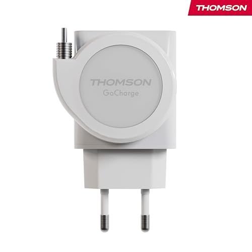 Chargeur rapide 22,5W Thomson Go avec câble rétractable USB-C et USB-A blanc compact - 5