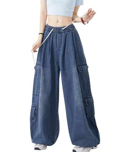 Cargo Jeans for Women Men Baggy Cargo Pants High Waisted Wide Leg Drawstring Pants Casual Grunge Streetwear3