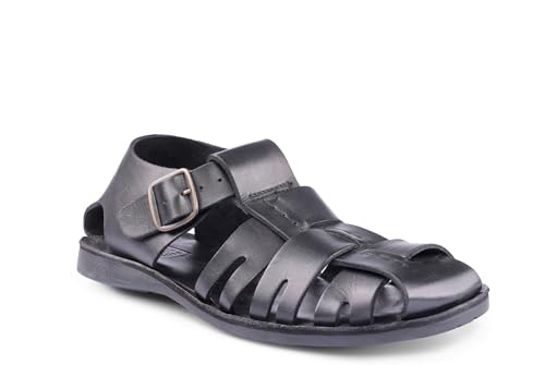 Men's Leather Fisherman Sandals with Buckle Closure, Black