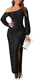 Women's Black Formal Long Sleeve Evening Gowns Sexy Elegant One Shoulder Party Dresses Sparkly High Split Cocktail Long Dress