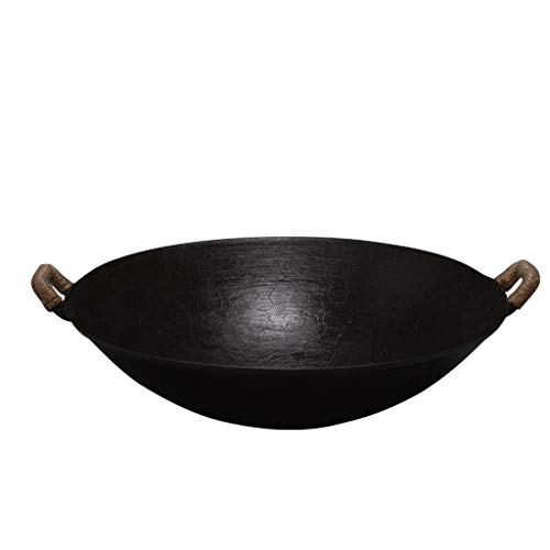 DLT Cast Iron Wok with Round Bottom, Pre-Seasoned Wok Pan with Two Handle for Asian Stir Fry and Sautees, Stew Pot for Cooking, Non Stick Wok (Size : 38cm)