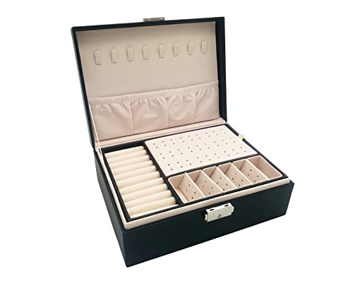 PACEKONER Jewelry Box Organizer, 2 Layers Jewelry Storage Box with Lock and Key, Jewelry Case For Women And Girls (Black)