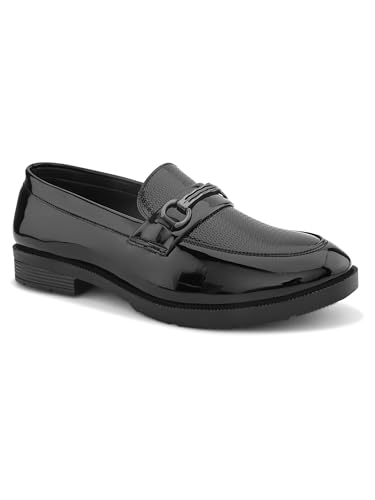 Image of STANPHORD Men Glossy Horsebit Loafer Shoes | Shiny PU Slip-On Moccasins | Cushioned Anti-Slip | Office Formal Party Business Wear(TPSL 25013)
