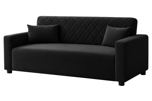 Image of Rosebell 3 Seater Wooden Sofa for Living Room, Modern Fabric Upholstered Sofa with Quilted Backrest, Cushioned Seating, Padded Armrests & Sturdy Wooden Frame - Black