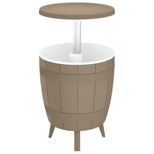 Foknhdi Table de balcon 3 en 1 avec refroidisseur à glace 48 × 48 × 57,5/82 cm Marron clair Polypropylène aspect bois 37 l Refroidisseur de boissons...