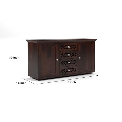 Image of Solid Sheesham Wood Wooden Sideboard Storage Cabinet : Ideal for Living Room and Bedroom with 4 Drawers and 2-Shelf Storage (Cambrey, Walnut Finish)