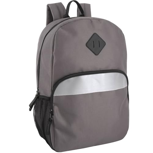 Trail maker 17" Backpack – Reflective School Backpack with Padded Straps, Water Bottle Pockets for Kids & Adults, School Travel Camp (Grey)