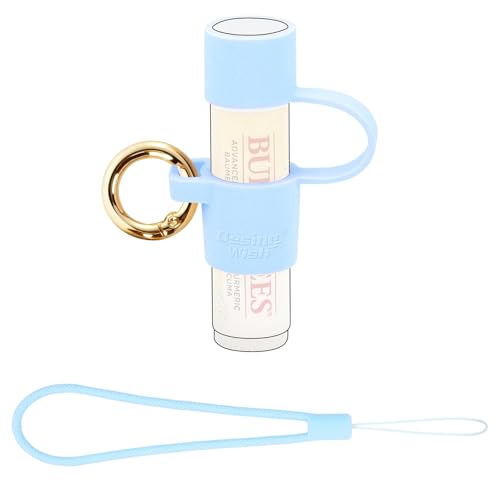 Desing Wish Soporte de silicona para lápiz labial con cubierta de tapa, soporte portátil para bálsamo labial de 0.6 pulgadas de diámetro, llavero con correa de muñeca, color azul