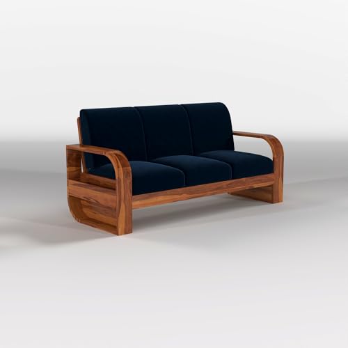 Image of NEW MAMTA FURNITURE Solid Sheesham Wooden 5 Seater Sofa Set Without Coffee Table with Blue Cushion for Living Room Furniture - Honey Finish (3+1+1)